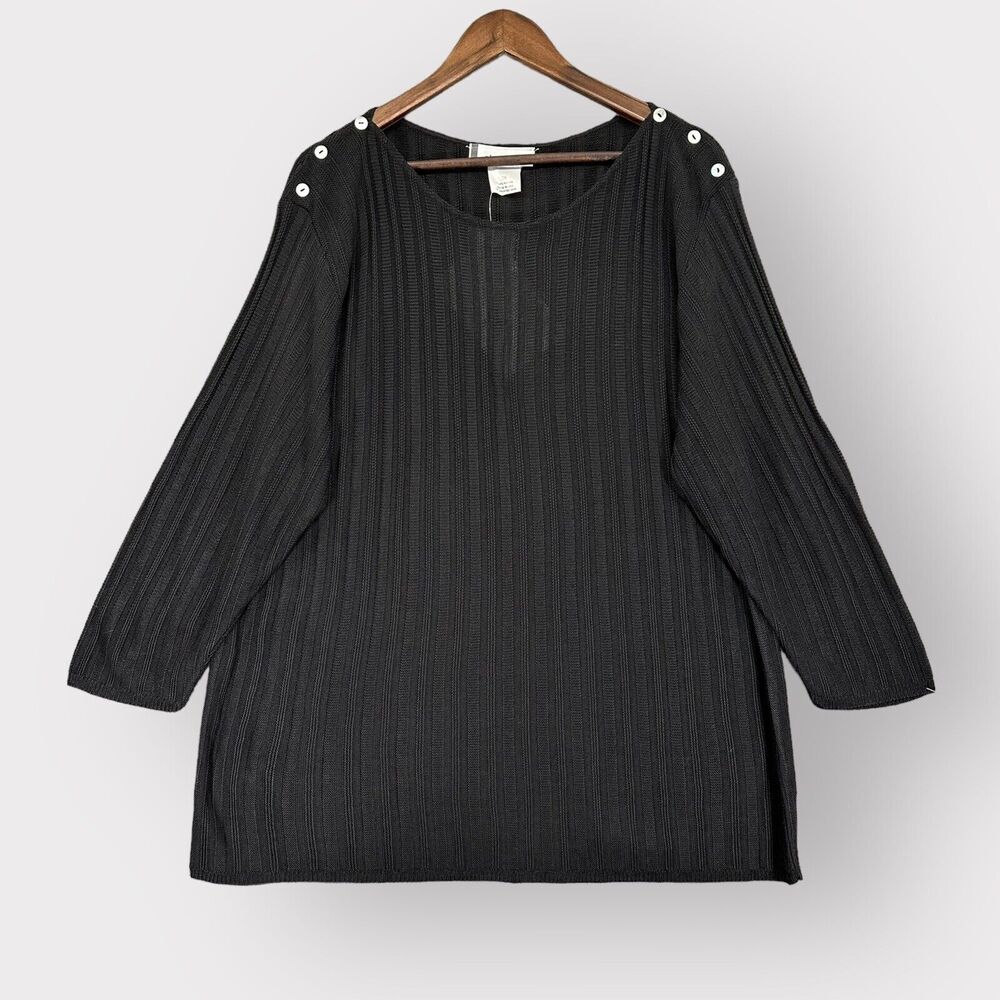 Aboutface Sweater Women 2X Black Knit‎ Rayon Ribbed Button Accents USA Made i09